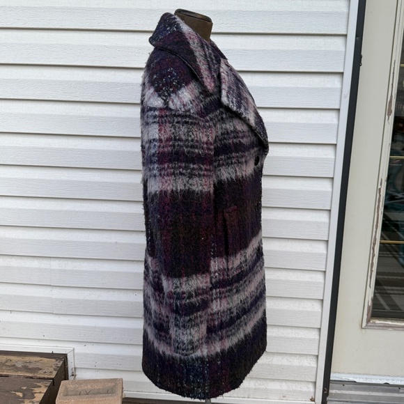 Lucky Brand Cozy fuzzy plaid overcoat in deep plum, charcoal, and soft grey - Picture 3 of 8
